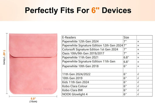 TiMOVO 6 Inch Sleeve for All E-Reader Book, 11th Generation 2024/2022, Protective Sleeve Cover Case with Pocket for Kobo Clara Colour Devices, Pink