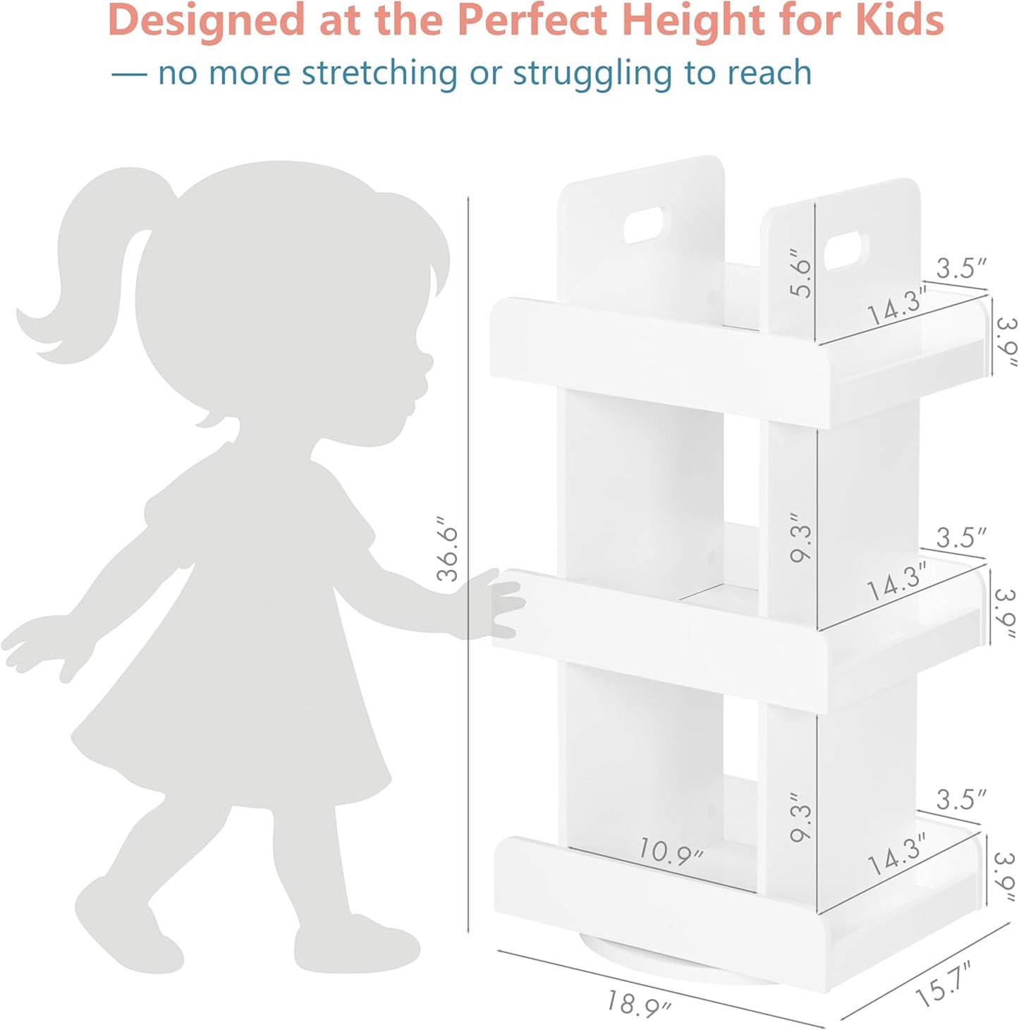Spirich Kids Rotating Bookshelf Tower, Spinning Bookcase Lazy Susan with Book Display, 3 Tier Revolving 360 Book Shelf Storage, Vertical Rotate Turning Corner Organizer, White