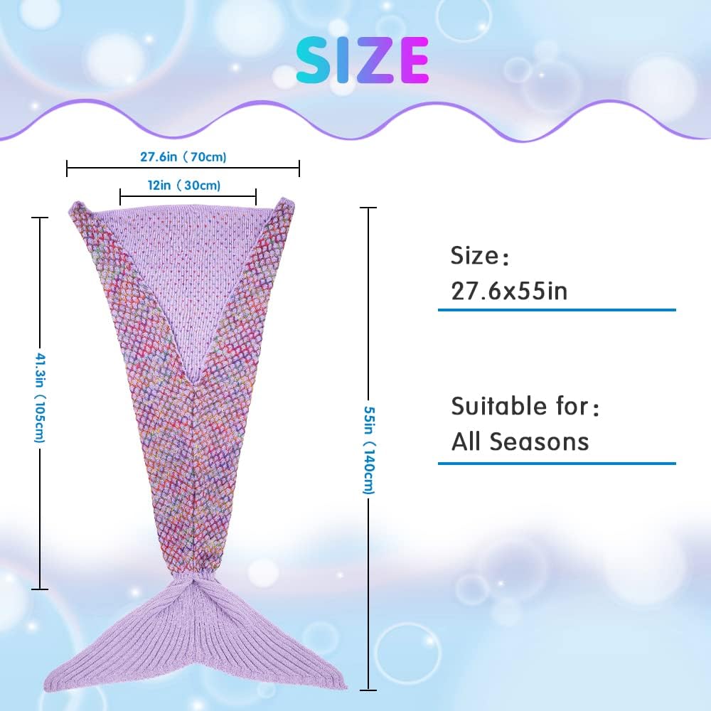AmyHomie Mermaid Tail Blanket, Hand Crochet Mermaid Blanket for Kids, Super Soft Breathable Little Mermaid Tail Sleeping Bag, Best Mermaid Gifts for Girls(Light Purple Rainbow, Kids)