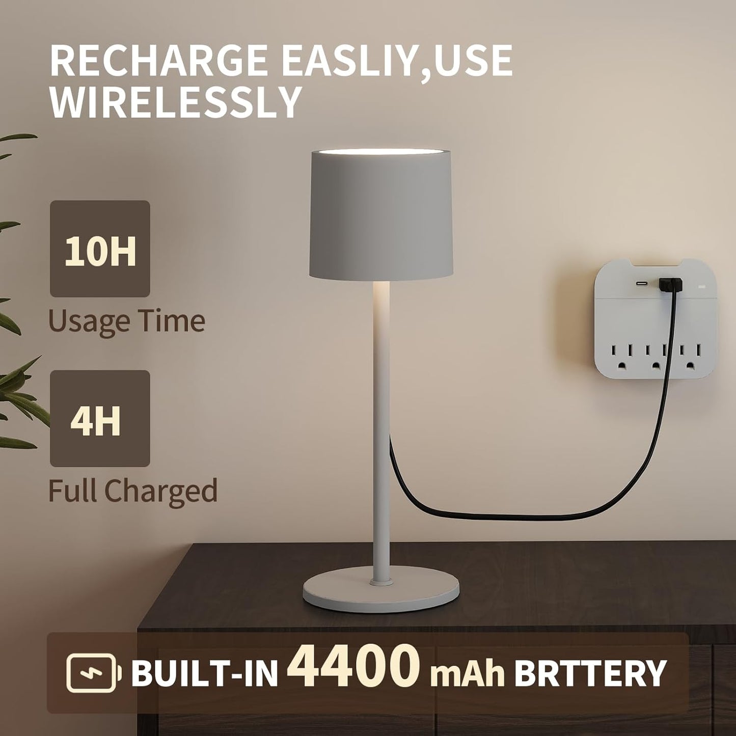2-Pack Cordless Table Lamp, Portable LED Desk Lamps, 2 Adjustable Height, 4400mAh Battery Powered Rechargeable Light, 3 Color Stepless Dimming, for Restaurant, Bedroom, Outdoor Camping