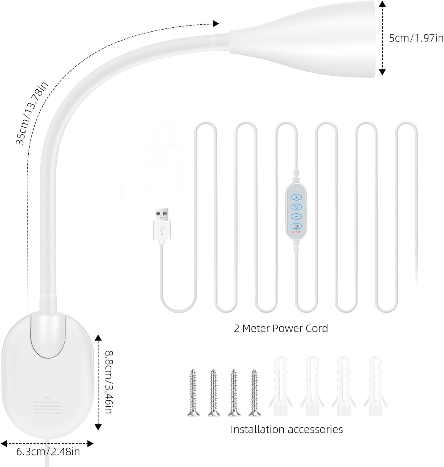 Wall-Mounted LED Bedside Reading Light with USB Charging Port, 10-Level Dimmable & Adjustable 5 Color, Plug-in Adhesive Night Lamp for Books in Bed, Eye-Caring Bedroom Lighting (White 2 Pack)