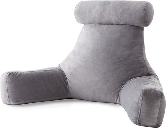 Linenspa Reading Pillow with Shredded Memory Foam- X-Large Size with Neck Support - Back Pillow for Sitting in Bed, Reading, Gaming, Watching TV – Bed Chair with Arms, Dorm Room Essentials, Stone