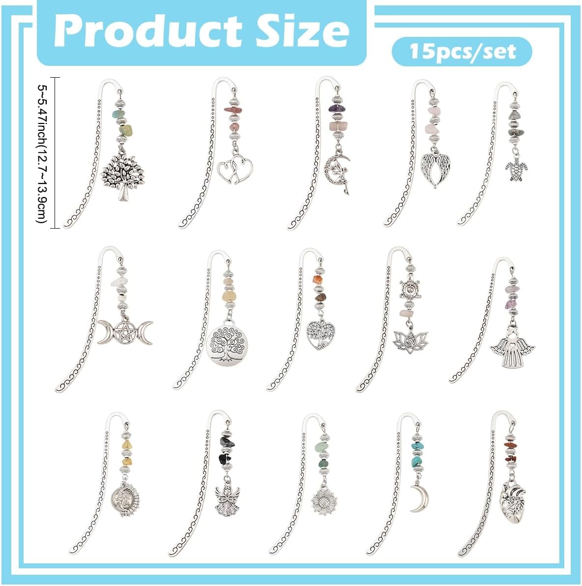 Tibetan Style Bookmarks Set, 15 Pieces Metal Alloy with Natural Crushed Stone Beads, Vintage Decorative Book Markers with Celestial Charms for Reading