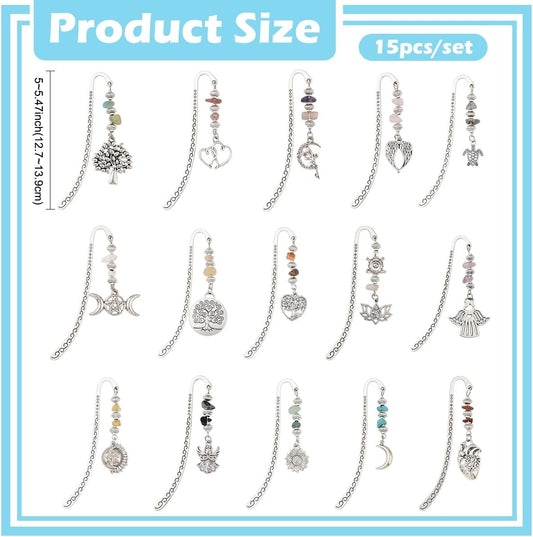 Tibetan Style Bookmarks Set, 15 Pieces Metal Alloy with Natural Crushed Stone Beads, Vintage Decorative Book Markers with Celestial Charms for Reading