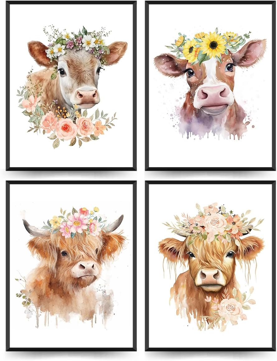 ETVISO Highland Cow Wall Art Prints Set of 4, Cows Pictures Wall Decor for Western & Highland Cow Lovers, Nursery Decor, Baby Shower Decorations 12x16 (Unframed)
