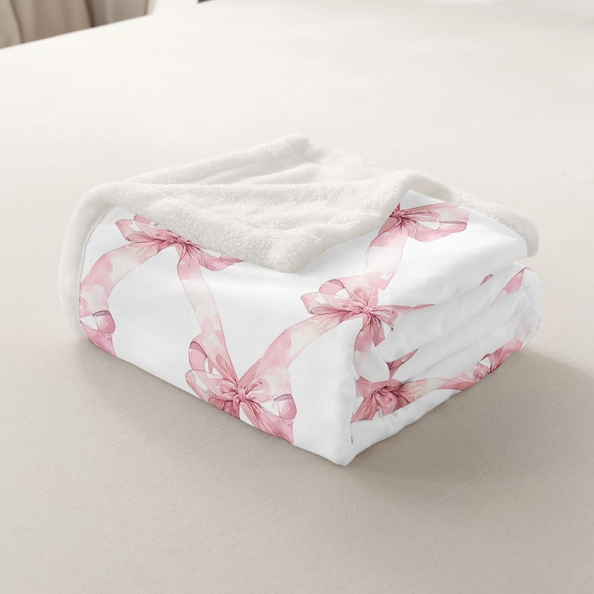 Manfei Pink Bowknot Flannel Blanket Dreamy Princess Style Kids Girls Fleece Throw Blanket for Room Decor,Watercolor Bow Geometric Grids White Bed Blanket for Bed Sofa Couch,Baby 30"x40"