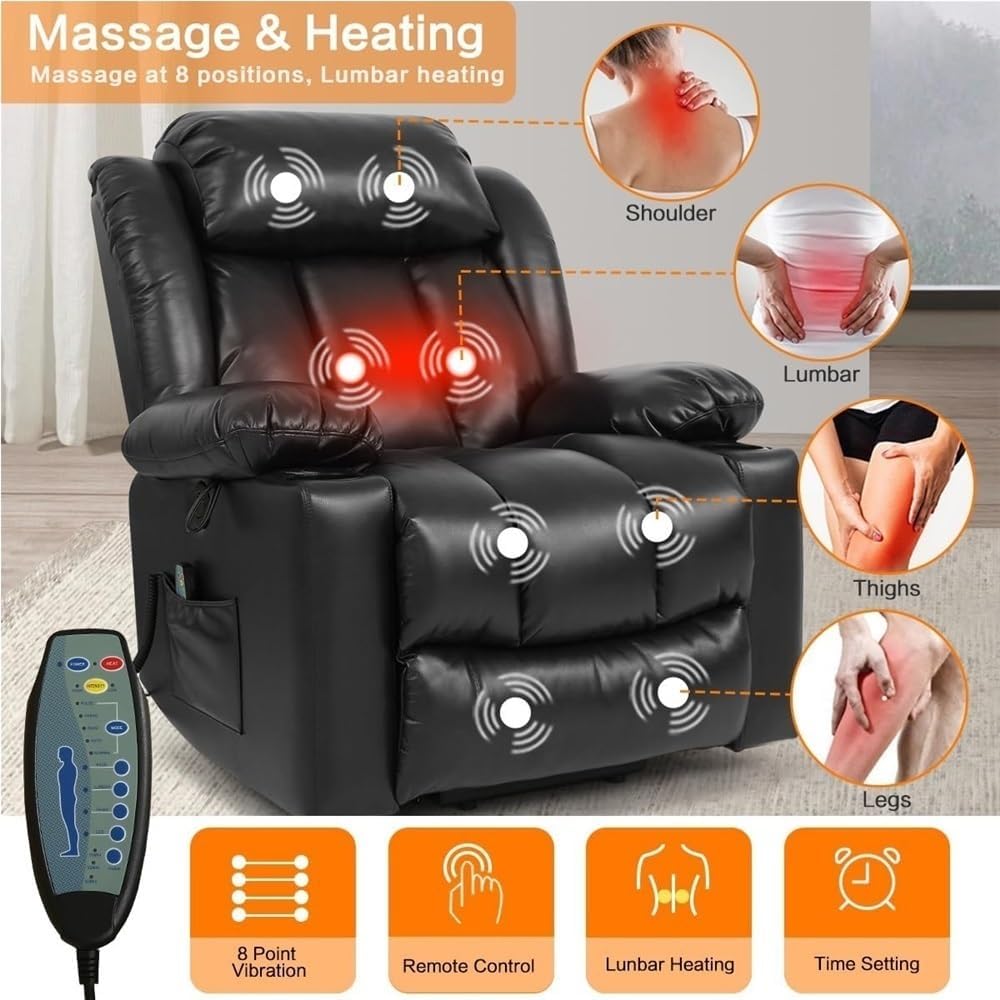 Power Lift Recliner with Massage Heat and USB Ports Electric Stand Assist Chair for Elderly Adults Breathable Leather Sofa Comfortable Lounger with Cup Holders