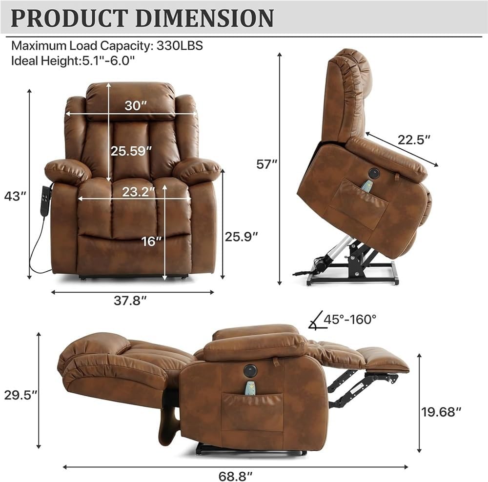 Heated Massage Dual Motor Electric Power Lift Recliner Chair for Elderly Infinite Adjustable Large Upholstered Breathable Leather Mobility Armchair Support Sofa