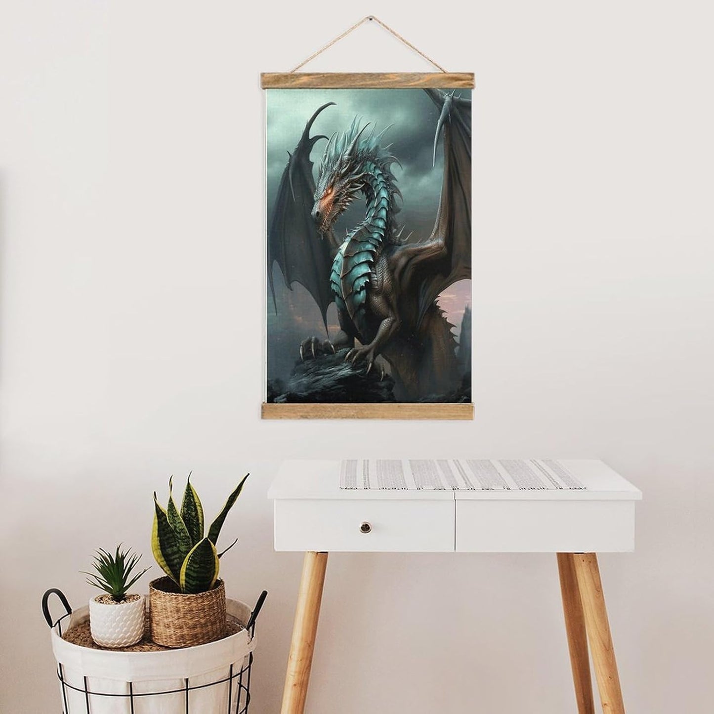 Vintage Cool Dragon Poster with Wooden Frame Personalized Linen Hanging Scroll Painting Rustic Wall Hanging Illustrative Modern Artwork Decor for Home Living Room Bedroom Office