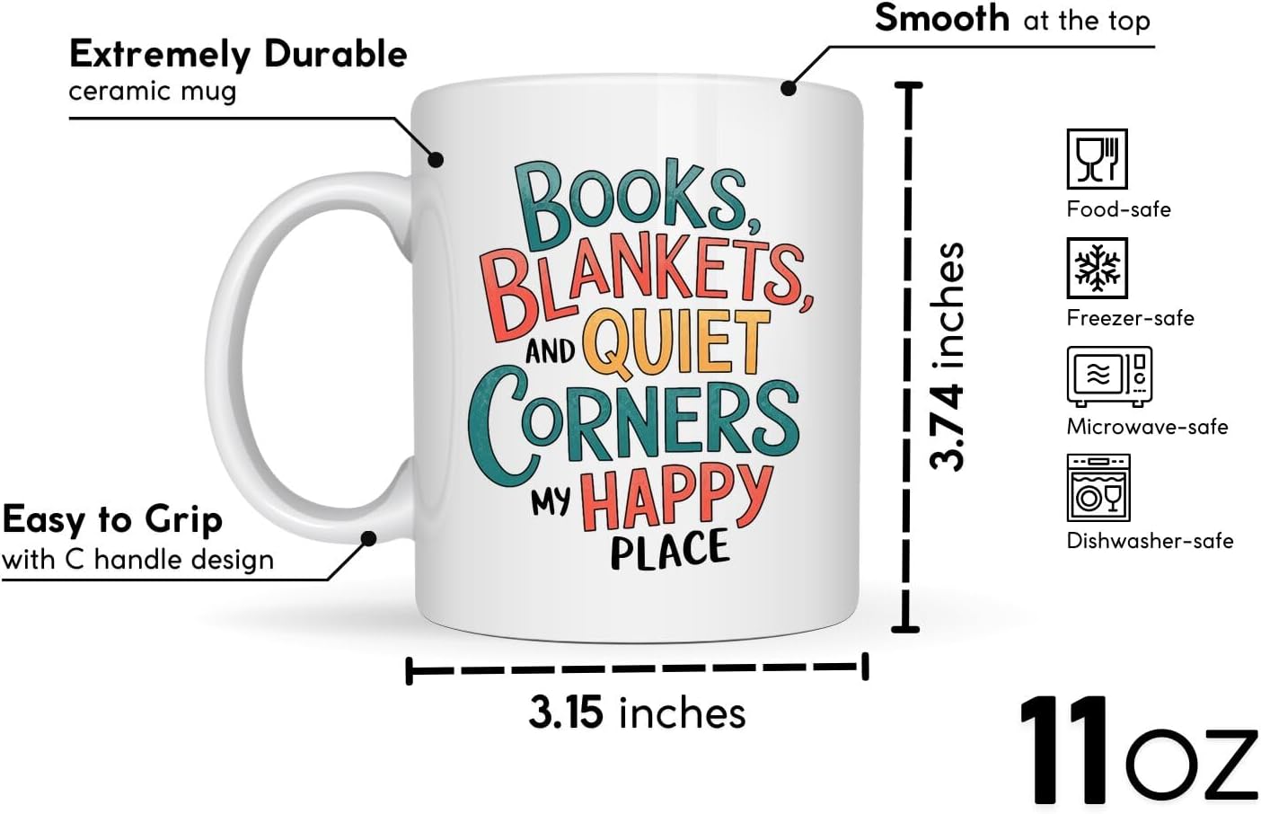 Book Lovers Coffee Mug 11oz White -Blankets Corners - Gift for Book Club Bookworm Bookish Reading Nerdy Avid Readers Women