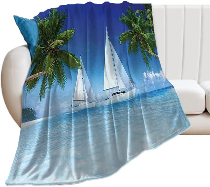 Gifts Blanket, Palm Trees and Ocean Houseboat Decor Nautical, Keep WarmTropical Throw Blankets, 50 x 60inches, Cozy Warm Soft Blanket for All Seasons, Multicolor