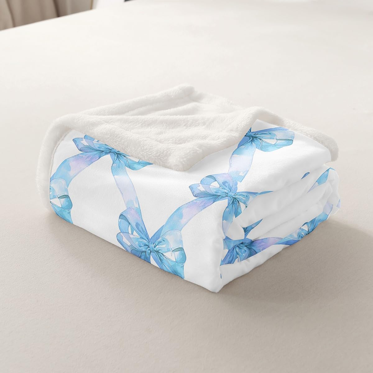 Manfei Cute Bowknot Flannel Blanket,Princess Style Blue Bow Watercolor Girly Fleece Blanket for Room Decor,Geometric Grids Minimalist Dreamy Throw Blanket for Sofa Couch,Throw 50"x60"