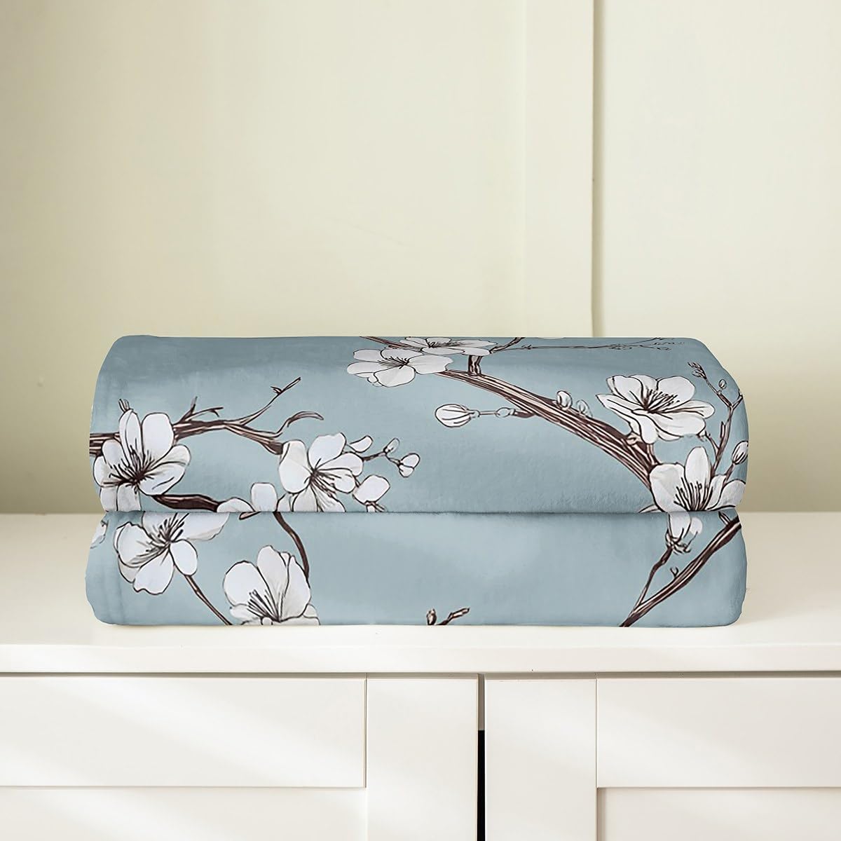 Erosebridal Cherry Blossom Throw Blanket Queen 90x90,Chinoiserie Chic Style Fleece Flannel Blanket,Elegant Floral Branches Style for Girls,Spring Garden Flowers Plum Decor,Grayish Blue