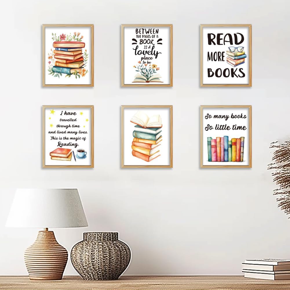 WEBEEDY 9 Styles Inspiring Reading Book Decor Books Wall Art Prints for Wall Aesthetic Library Decor Unframed Canvas Wall Art for Reading Room Living Room Office Home Book Party Decoration,8x10''