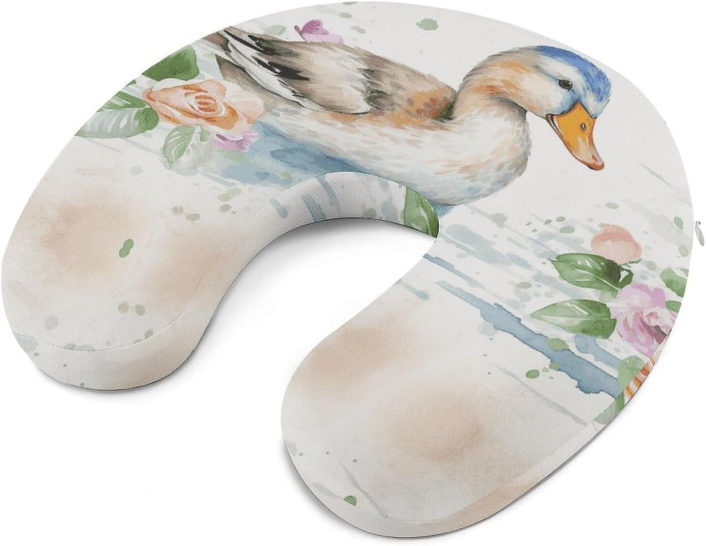 Watercolor Duck Neck Pillow Memory Foam U Shaped Pillows Portable Pillows for Shoulder Travel Head Support Pillow with Concealed Zipper for Airplane Car Home Office