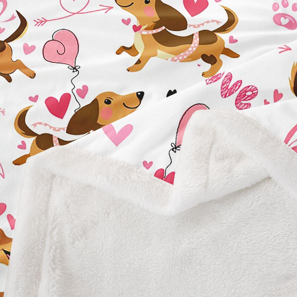 Manfei Happy Valentine's Day Kids Throw Blanket,Star Love Heart Dog Paw Romantic Bed Blanket,Dachshund Pet Animal Girls Boys Sofa Decor,Brown Pink Fuzzy Blanket,Throw Size (50 x 60 Inches)