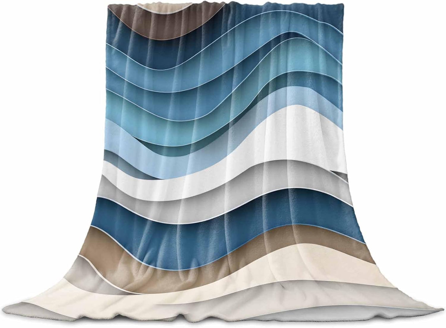 Abstract Blue Waves Throw Blankets Bedding, Ombre Brown Grey White Minimalist Flannel Fleece Microfiber Soft Blankets, Warm Bed Blanket Throws for Chair Sofa Couch Bedroom Camper 40x50 in