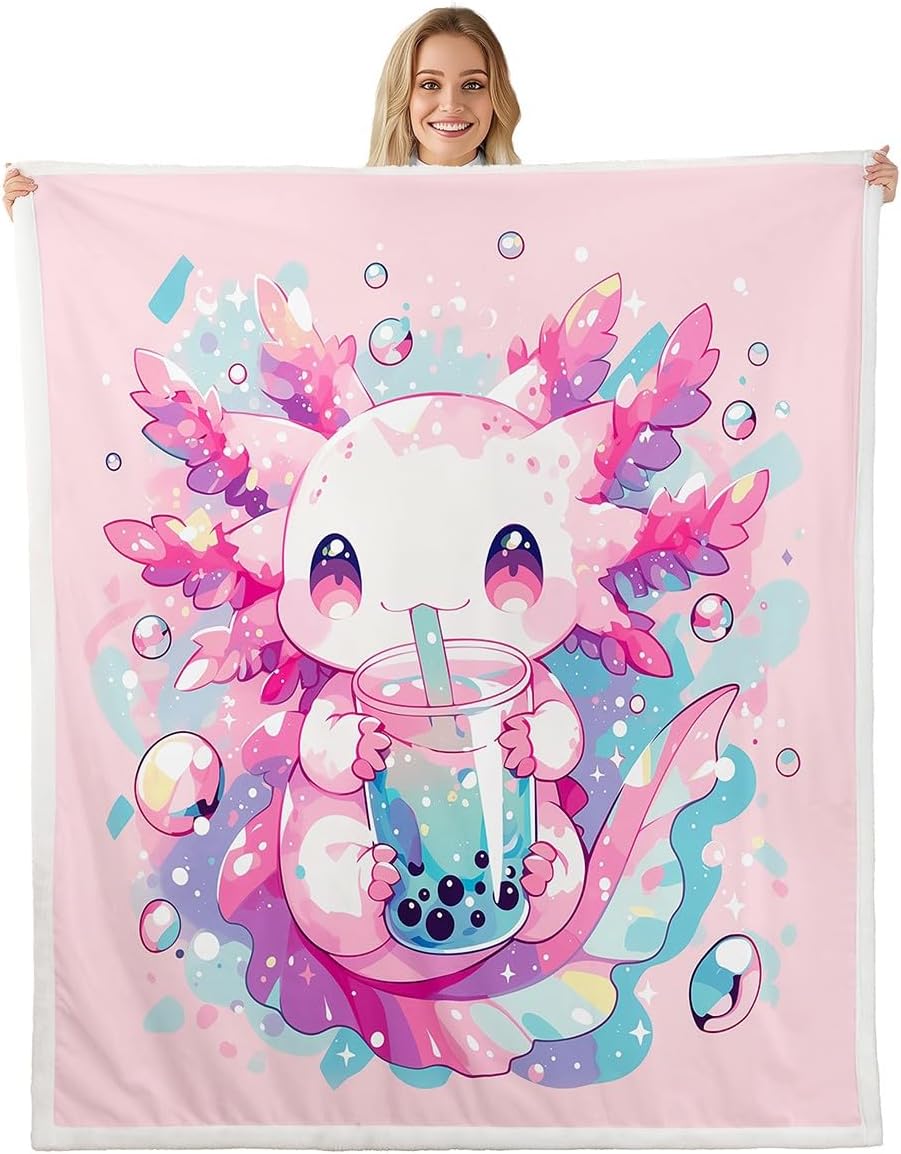 Axolotl Fleece Blanket Cute Salamander Pattern Kawaii Sherpa Blanket Twin 60"X80" Sweet Dessert Milk Tea Throw Blanket Ocean Beach Coastal Flannel Blanket For Kids Girls Decorative Sofa Couch,Pink