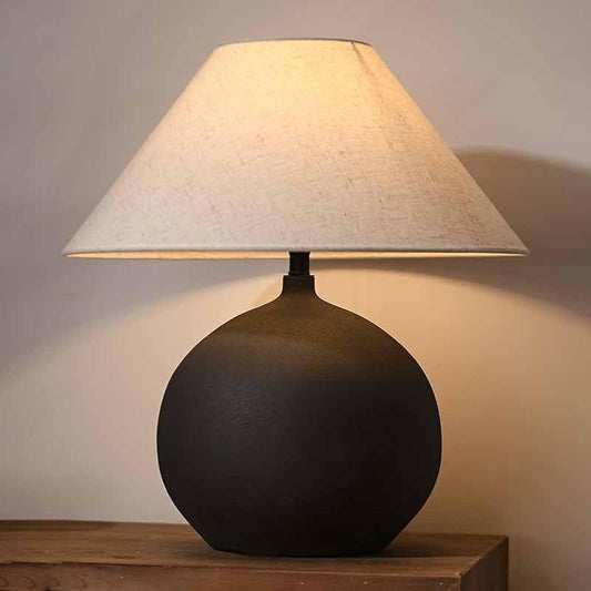 Rustic Round Black Ceramic Table Lamp 17.7'' Tall Farmhouse Black Crock Pot Desk Lamp Body with Tapered Fabric Shade Bedside Lamp for Living Room Bedroom House Office Entryway
