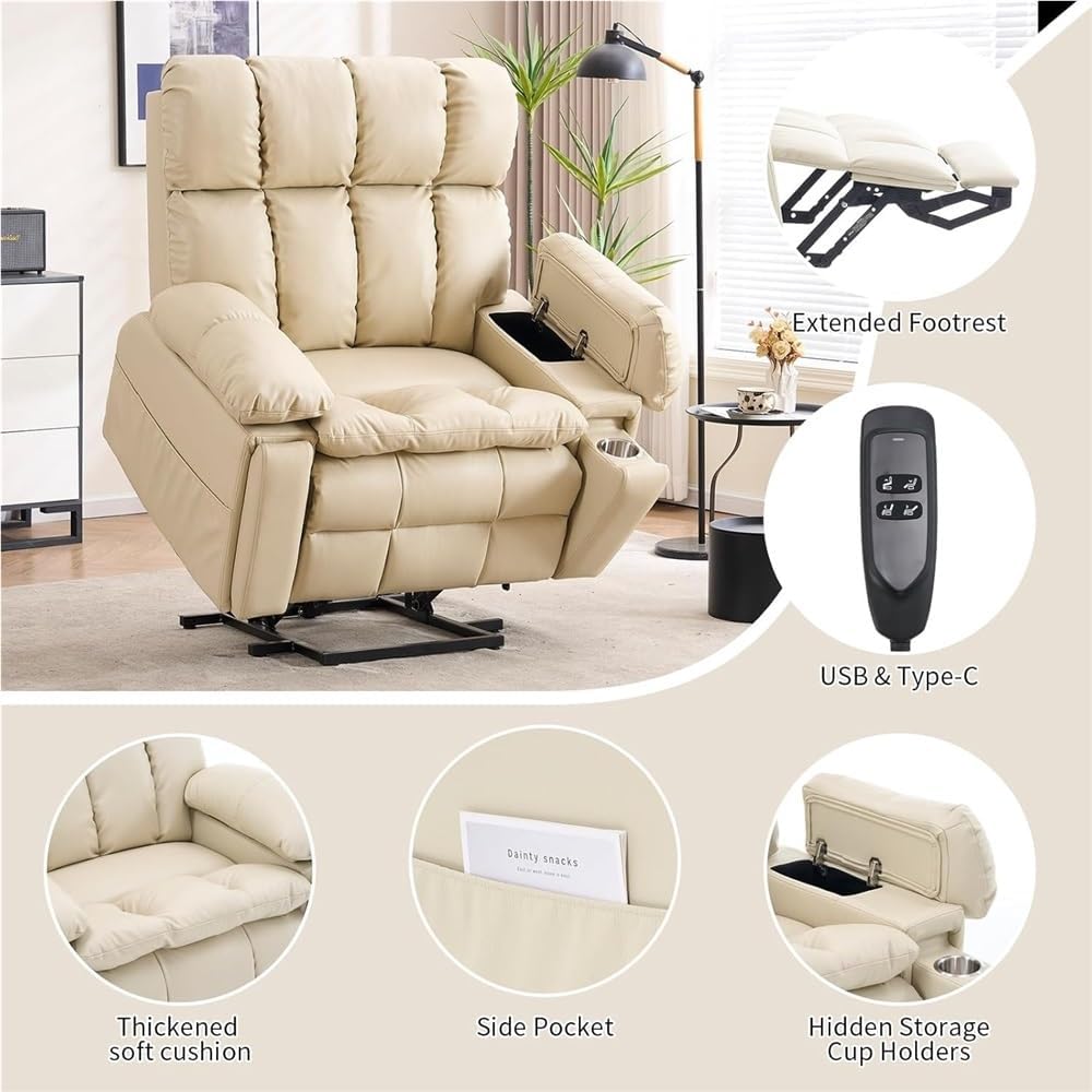 Extra Wide Lay Flat Power Lift Recliner Chair, Electric Recliner with Adjustable Headrest and Extended Footrest, Heat Massage, USB-C Ports, Hidden Cup Holders, Storage