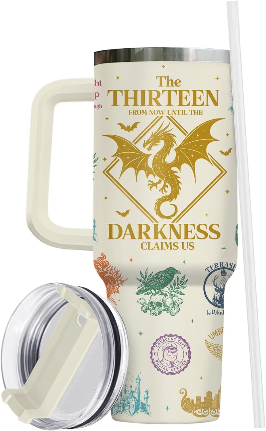 Fantasy Bookish Tumbler - 40oz Insulated Stainless Steel Mug with Handle - Dragon and Sword Throne Aesthetic - You Do Not Yield Quote - Gift for Epic Fantasy Readers, Book Lovers