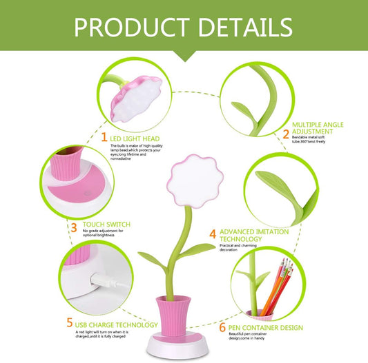 Desk Lamp for Kids Sunflower LED Charging Table Lamp Support Eye Protection Small Desk Folding for Reading,Study and Office, Adjustable Brightness - Pink