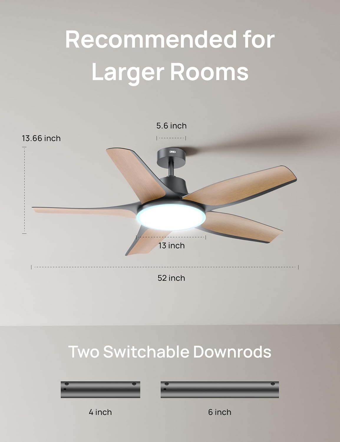 Dreo Smart Ceiling Fans with Lights, Low Profile Ceiling Fan with Alexa/App, 52'' Dimmable Lighting & Color Tuning, RGB Ambient Light for Living Room, Game Room, Easy Installation, Quiet, Black