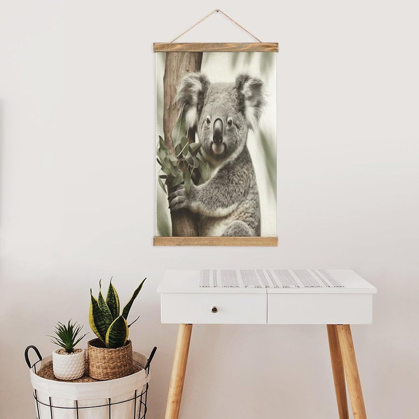 Vintage Koala Poster with Wooden Frame Personalized Linen Hanging Scroll Painting Rustic Wall Hanging Illustrative Modern Artwork Decor for Home Living Room Bedroom Office