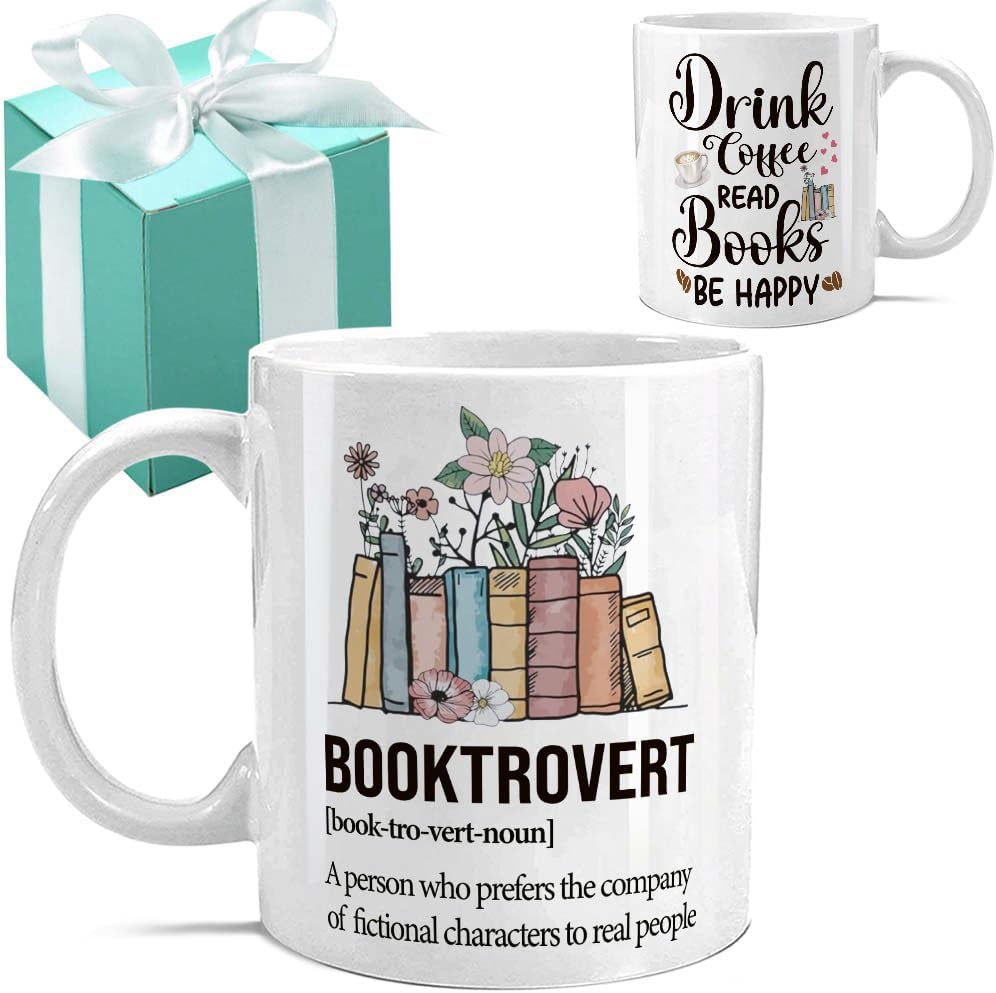 Book Lover Mug -Funny Bookish Gifts for Women, Book Club Gift, Librarian Reader Gift for Bookworms, Reading Themed Coffee Mugs - Drink Coffee Read Books Be Happy