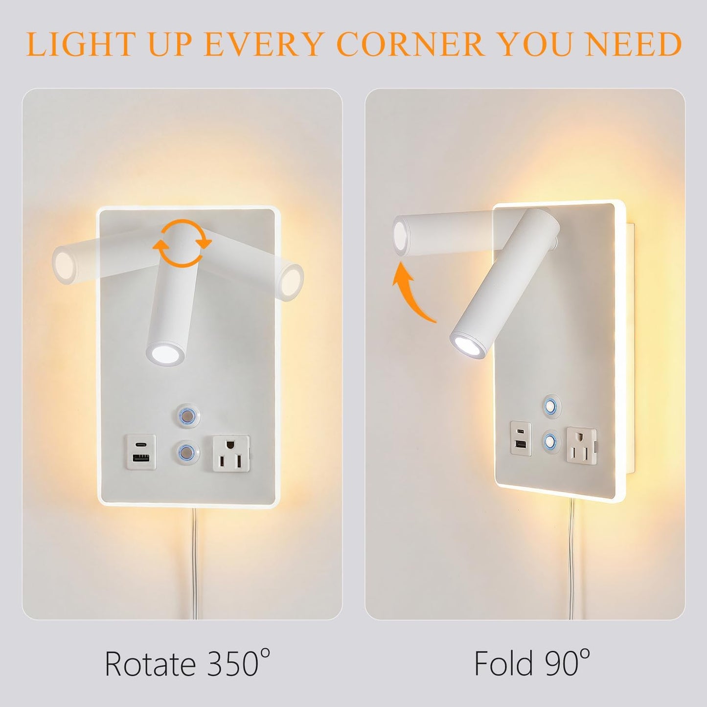 Dimmable Plug in Wall Sconce with Touch Switch,Headboard Bedside Wall Lamp,Multifunction Wall Light with USB C+A Ports,Adjustable Wall Mounted Reading Light,3 Color Temperature(White)