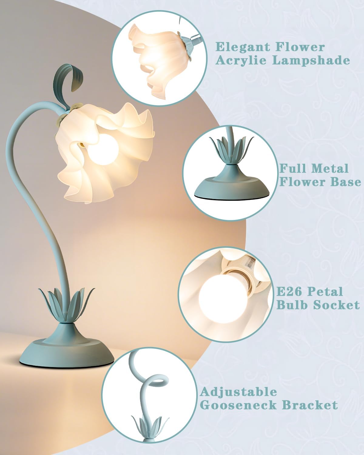 Flower Table Lamp, LED Reading Light Vintage Bedside Table Lamp with 3 Color Modes for Nightstand, Kawaii Decoration for Home Bedroom Living Room (Blue)