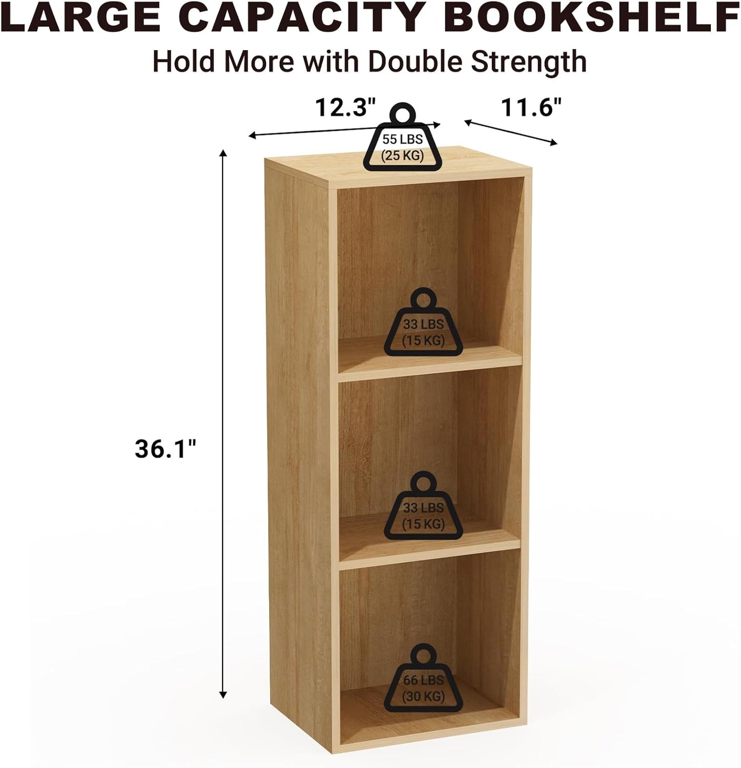 3 Tier Bookshelf, Narrow Bookcase for Small Spaces, Wooden Book Case Bookshelves Storage Organizer for Bedroom Living Room Home Office (Oak, 3 Cube)