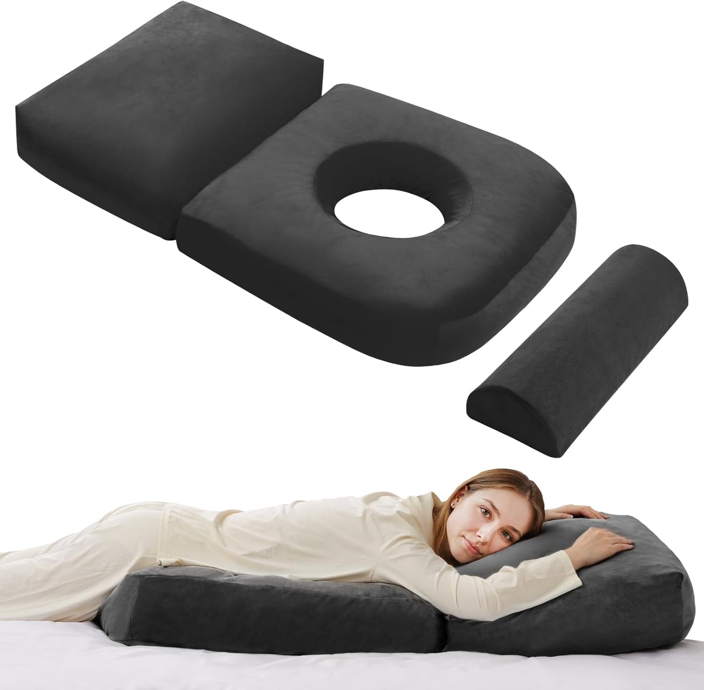 Pregnancy Pillows for Sleeping, 44.5 Inch Pregnancy Massage Pillow Full Body Pillow with Leg Pillow & Removable Cover - Support for Back, Legs, Belly, HIPS for Pregnant Women (Black)