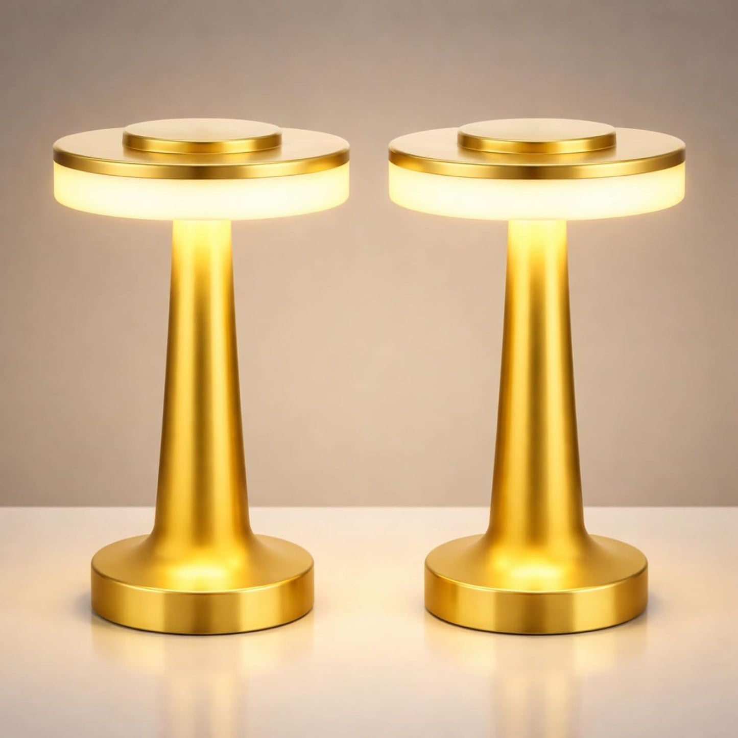 Riakrum 2 Pcs LED Portable Cordless Table Lamp with Touch Sensor 3 Color Stepless Dimming Rechargeable Battery up to 15 Hours Cordless Table Light Wireless Lamp for Nursery (Gold)
