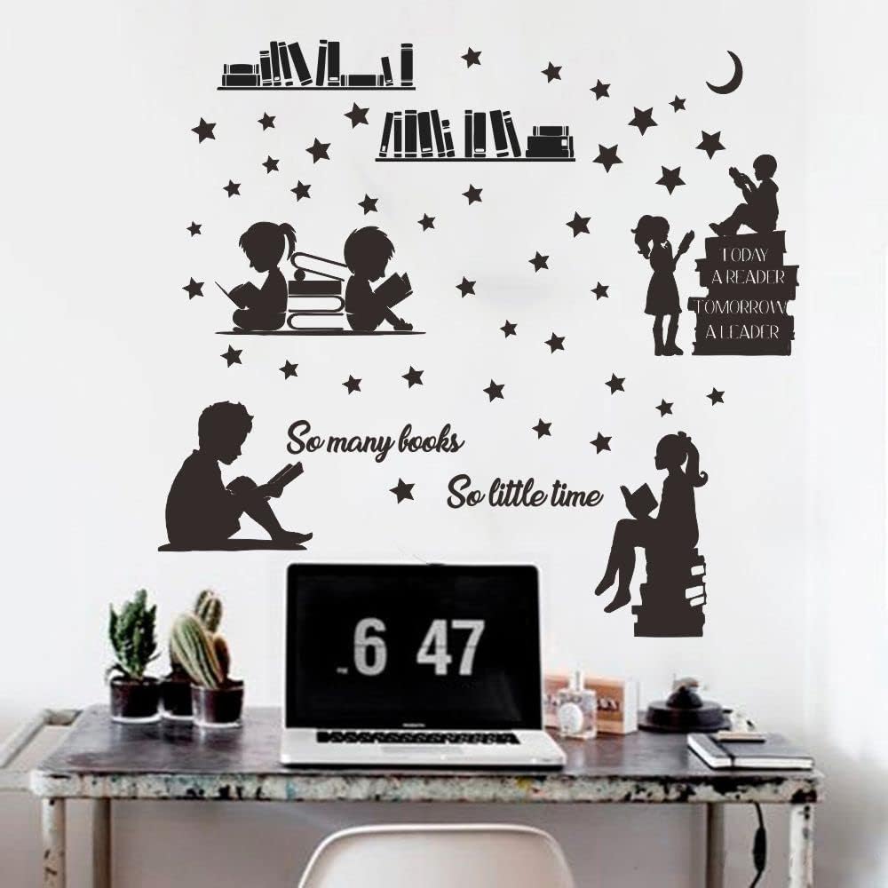 Kids Reading Wall Decal - Today a Reader Tomorrow a Leader Inspirational Quote Sticker - Removable PVC Vinyl for Playroom, Bedroom, Home Library - 31"x34" JWH202 (Black)
