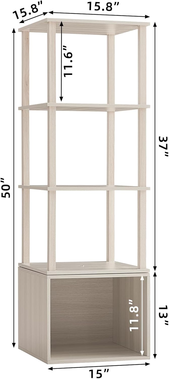 4 Tier Rotating Bookshelf with Storage Cabinet, 360° Display Revolving Bookcase, Square Spinning Book Shelf Tower Organizer, Freestanding Wooden Bookshelves for Small Space, Bedroom Living Room
