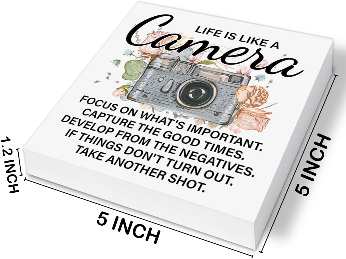 Photographer Gifts for Women, Motivational Photography Gifts for Photographers, Life Is Like a Camera Wood Block Sign Home Office Desk Shelf Decor