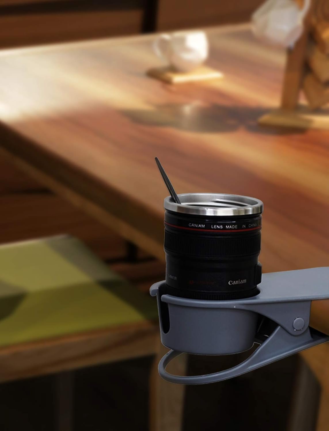 Gray Desk Table Edge Clamp Cup Holder for Office - Place Water Glass, Coffee Mug, Beverage, Phone