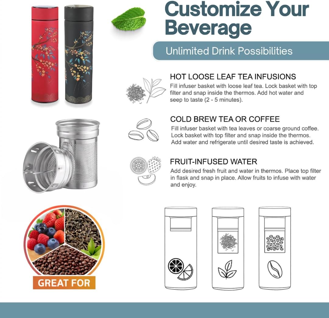 Farasi Tea Infuser for Loose Leaf Tea Smart Water Bottle with Fahrenheit Temperature Display, Stainless Steel Insulated Coffee and Fruit Tea Infuser Bottle - Red Floral Travel Tea Mug 15 oz