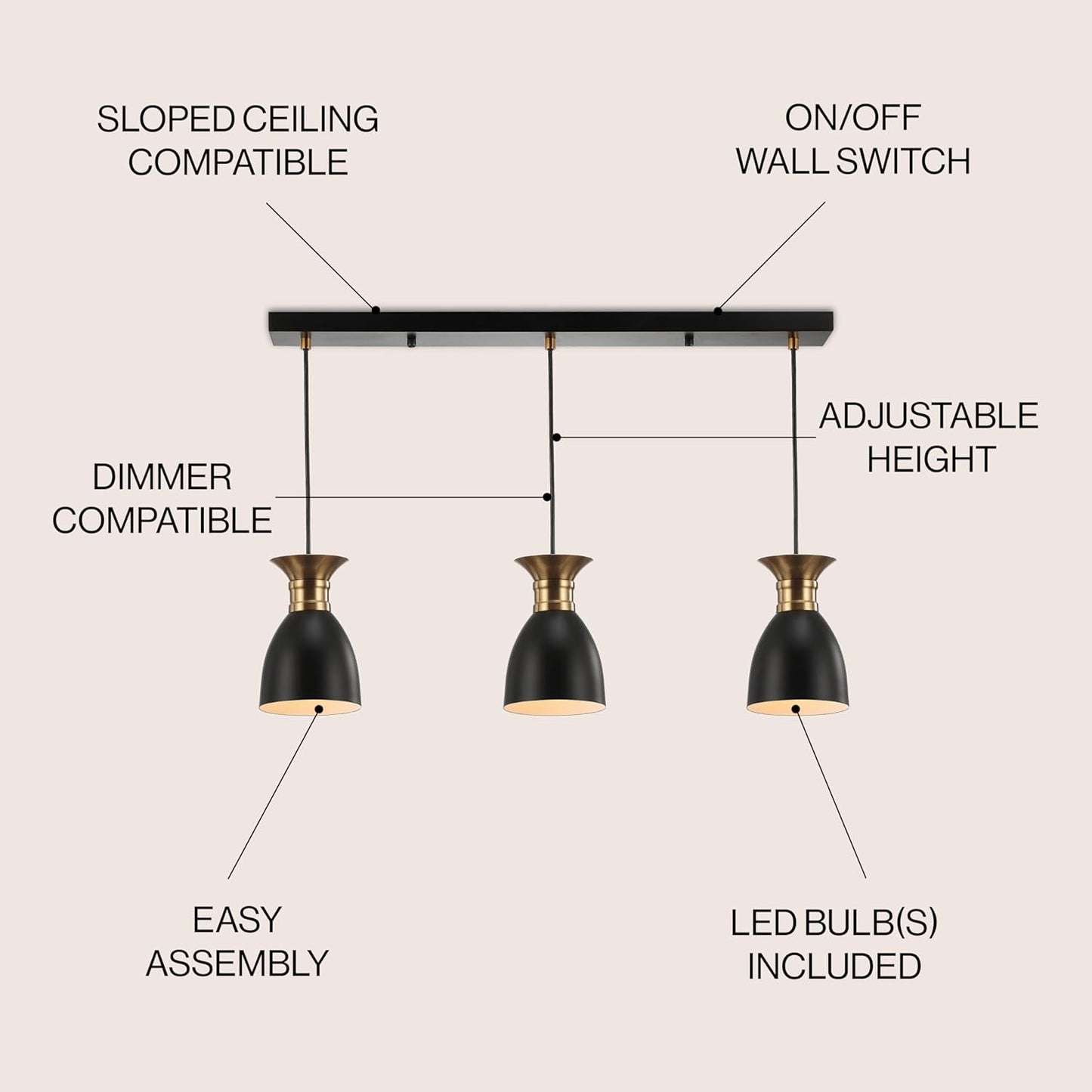 JONATHAN Y 33.25" Black/Brass Gold Modern Metal LED Pendant Light Fixture, Adjustable Hanging Ceiling Lamp for Kitchen Island Bedside, Metal Black Shade, LED Bulb Included (JYL6138A)