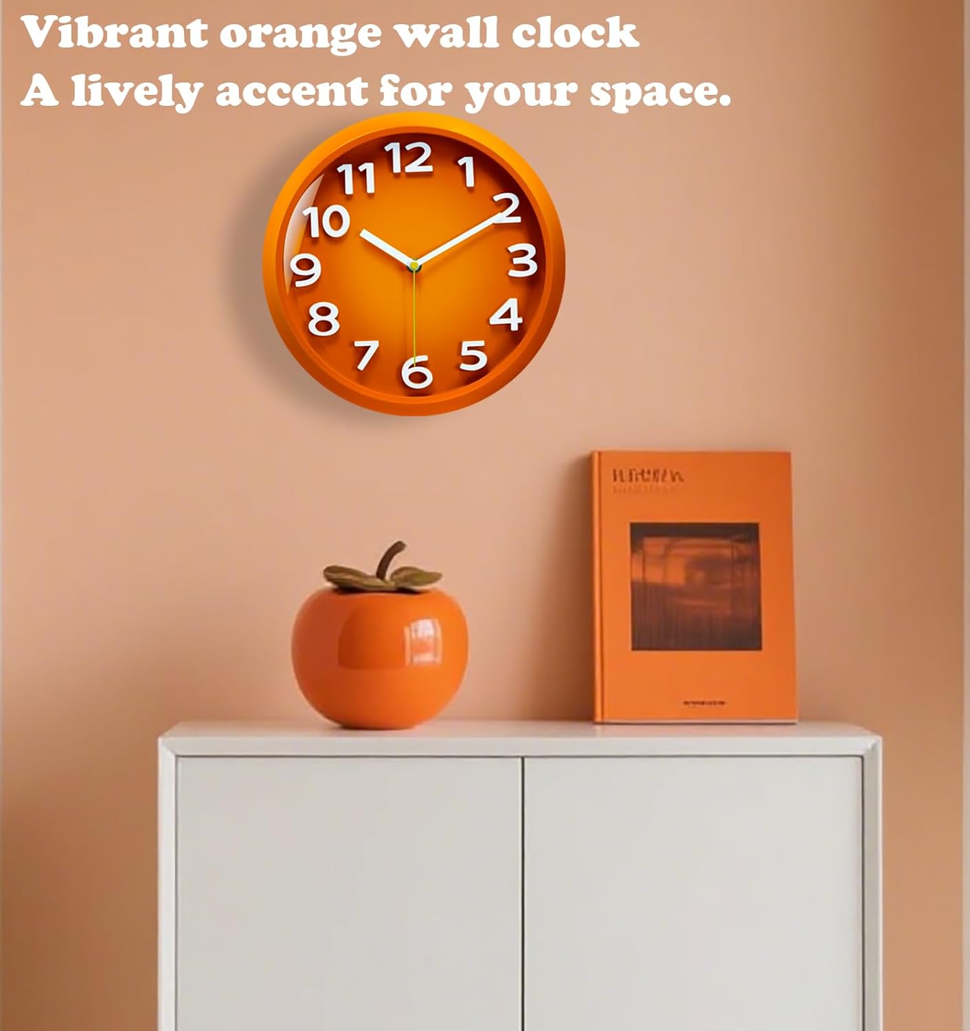 Wall Clocks Battery Operated - 11 Inch Silent Non Ticking 3D Numbers Easy Read Analog Clock with 2 Hooks Premium HD Glass Clocks for Living Room Bedroom Kitchen Gym Outdoor Decor, Orange