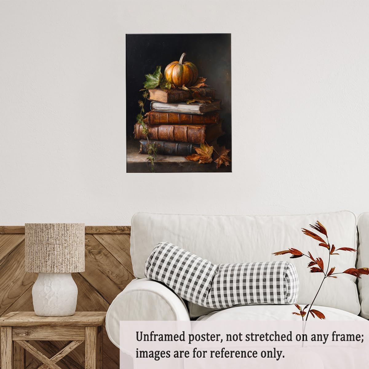 Vintage Pumpkin Still Life Wall Art – Antique Books with Fall Leaves Canvas Print,Dark Academia Autumn Aesthetic Poster for Reading Nook Decor 12x16in Unframed