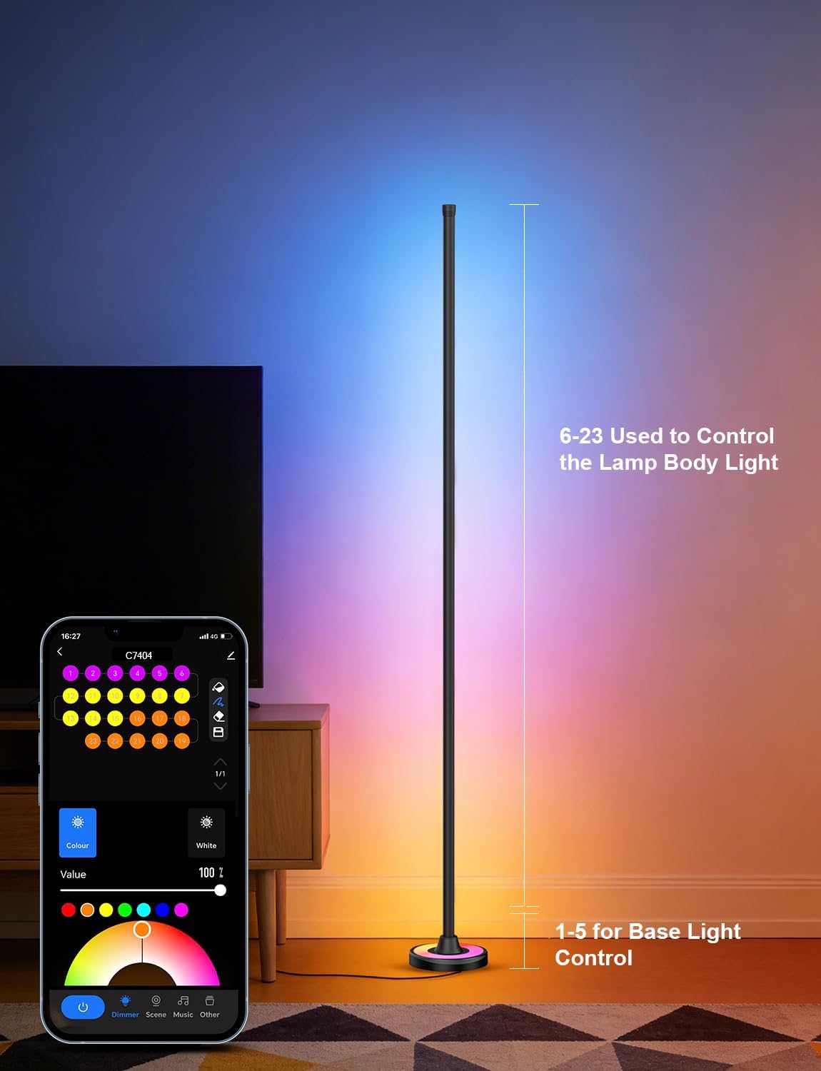 APPECK RGBW Corner Floor Lamp with Wi-Fi App Control, 60 Inch Smart Standing Lamps with 114 Scenes, DIY Mode, Music Sync, Modern Standing Lamps for Bedroom, Living Room