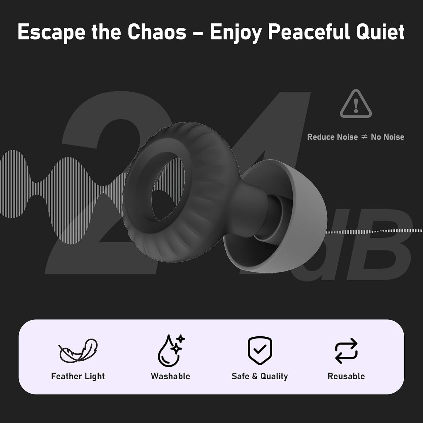 Noise Cancelling Ear Plugs for Sleeping, Concerts & Travel – Reusable Silicone Earplugs for Noise Reduction & Hearing Protection – 4 Pairs, Black + Black