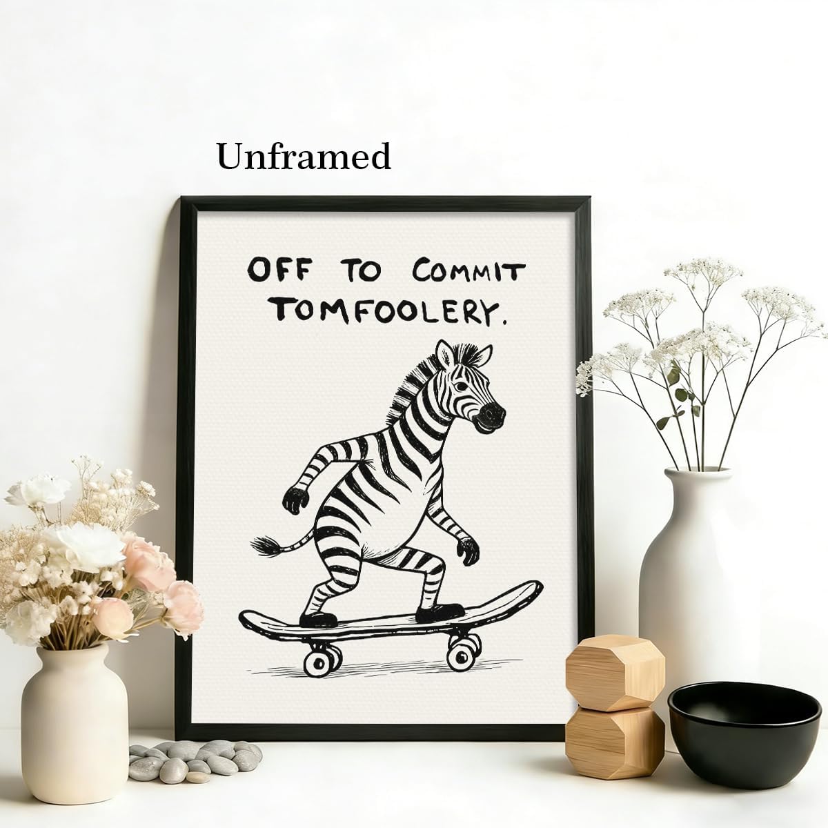perasi Zebra Poster, Quote Off To Commit Tomfoolery Canvas Wall Art, Cool Skateboard Zebra Print, Funny Animal Posters for Room Aesthetic, Cute Nursery Kids Room Office Wall Decor 12x16in Unframed