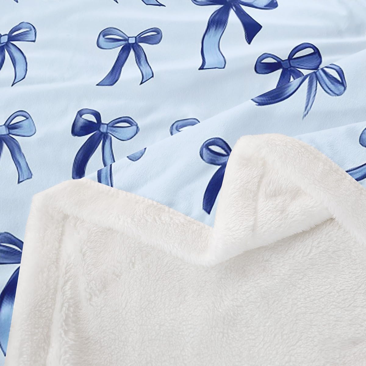Erosebridal Bowknot Blanket Twin Size, Kawaii Simple Bows Microfiber Cozy Throw Blanket, Cute Cartoon Dreamy Printed Kids Teens Fleece Blanket for Sofa Bed, Baby Blue Ribbon Fluffy Sherpa Blanket