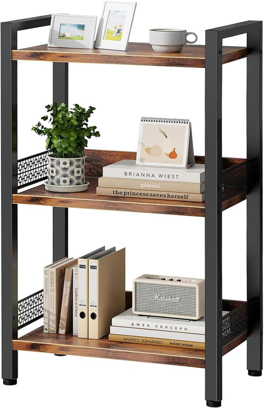 3-Tier Book Shelf, Bookcase with a Back Panel, Storage Shelves for Bedroom, Living Room & Home Storage (Brown Black)