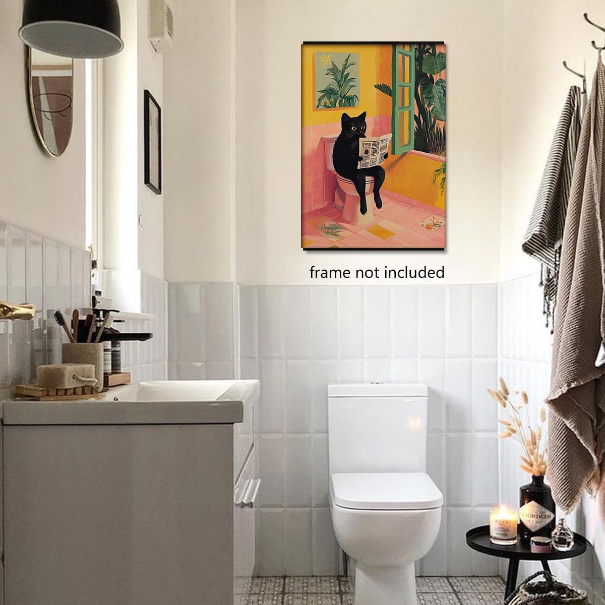 Funny Bathroom Wall Art Abstract Black Cat Sitting On Toilet Reading Newspaper Posters Cute Animal Cat Lovers Print Aesthetic Dopamine Painting For Toilet Restroom Decor 12x16in Unframed