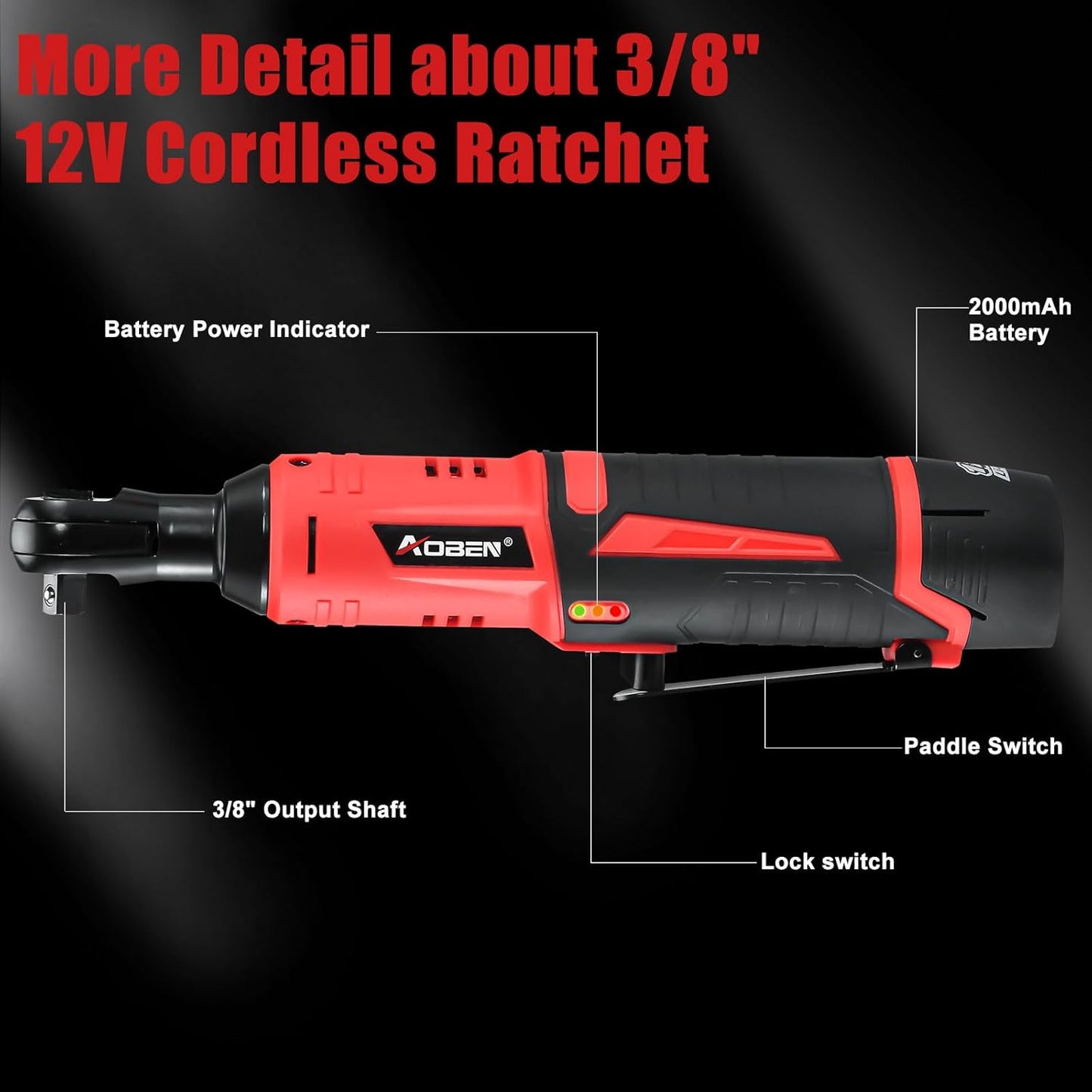 AOBEN Cordless Ratchet Wrench Kit,3/8" ratchet,40 Ft-lbs Electric Power Ratchet Set with Variable Speed Trigger,2 Packs 2000mAh Lithium-Ion Battery And Charger,83 Sockets