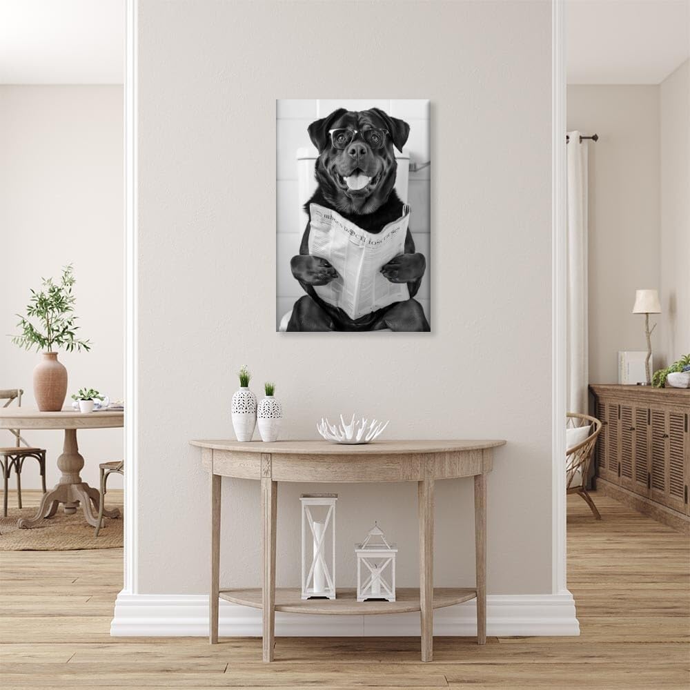 Bathroom Wall Decor Dog Reading Newspaper Black and White Print Pet Art Funny Dog Poster Canvas Wall Prints Poster Modern Home Aesthetic Decor Wall Art for Bedroom Dorm Framed20x30inch